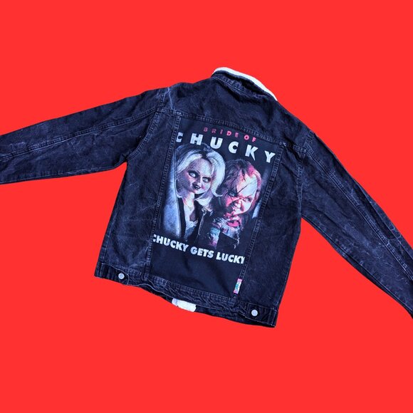SOLD Handmade, Upcycled Bride of Chucky Black Denim Jacket Size M - Picture 3 of 4